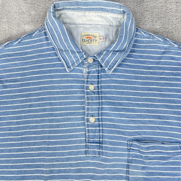 Faherty Polo Shirt Men's 2XL Blue Indigo Dyed Striped Performance Short Sleeve - Picture 2 of 9